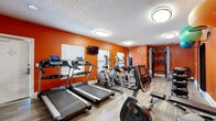 This single-level fitness center is defined by its energetic design, featuring bold orange walls and wood-style vinyl flooring throughout. The space is thoughtfully organized into distinct workout zones to accommodate a variety of training styles. The cardio area is outfitted with multiple treadmills and elliptical machines, each equipped with individual monitors, alongside a recumbent stationary bike. Natural light filters in through several windows, complementing the flush-mounted and recessed ceiling lighting overhead. A wall-mounted television provides entertainment during workouts. A full-wall mirror runs along one side of the room, visually expanding the space and allowing users to monitor their form. The strength training section features a multi-functional cable machine, a dumbbell rack with a varied weight selection, medicine balls, and a punching bag for boxing-style training. Wall-mounted brackets hold stability balls and a fold-down exercise mat, offering convenient access for stretching and core work. The textured ceiling adds a traditional finish to the space. Two separate entry doors provide easy access. Overall, the fitness center offers a comprehensive and energetic environment suitable for cardio, strength, and functional training.
