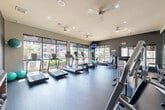 Located at 6800 Gaston Road in Katy, TX, this fitness center offers a well-appointed, single-floor exercise facility designed to support a comprehensive workout experience. The space is thoughtfully laid out to accommodate both strength training and cardiovascular exercise without feeling crowded.

The strength training zone features a multi-station cable machine, a dumbbell rack with a full range of free weights, a weight bench, and additional selectorized equipment. Full-length mirrors line one wall, enhancing the sense of openness and allowing users to monitor their form. A collection of medicine balls and stability balls rounds out the functional fitness offerings.

On the cardio side, multiple treadmills and elliptical machines are positioned along a wall of expansive floor-to-ceiling windows that frame views of an outdoor pool and lush landscaping — an energizing backdrop for any workout. Flat-screen televisions are mounted throughout, including ceiling-mounted displays near the cardio equipment for convenient viewing.

The interior features dark, rubberized flooring, recessed lighting, a ceiling fan, and charcoal accent walls that give the space a sleek, modern aesthetic. Natural light floods the room through the large window panels, creating a bright and motivating environment. Direct exterior access adds convenience for residents using the facility.