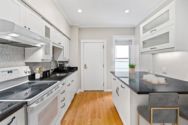 Modern spacious white kitchen, granite CT, large island, builtin pantry, DW, garbage disposal - 881 Harrison Ave