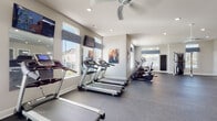 Located at 6262 Skye Isle Blvd. in Columbus, Ohio, this fitness center offers a well-appointed, single-floor exercise facility designed to support a comprehensive workout routine. The space is bright and airy, benefiting from abundant natural light that streams through multiple windows fitted with stylish Roman shades, creating an inviting and energizing atmosphere.

The cardio zone is a standout feature, lined with multiple treadmills and elliptical machines, each equipped with individual screens for entertainment during workouts. A stationary bike and rowing machine round out the cardio offerings, ensuring a variety of aerobic options. Wall-mounted flat-screen televisions are positioned throughout the space for added convenience.

The strength training area includes a well-stocked dumbbell rack with a full range of free weights, a weight bench, cable machine, and stability balls, catering to users of all fitness levels. Full-length mirrors line portions of the walls, enhancing the sense of openness and allowing for proper form checks during exercise.

Durable rubber flooring covers the entire facility, providing both safety and comfort. Ceiling fans and recessed lighting contribute to a comfortable environment year-round. The clean, neutral color palette of soft grays and whites gives the space a modern, professional feel, making this fitness center a well-rounded amenity for those seeking convenient, on-site access to quality exercise equipment.
