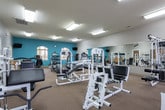 Located at 1040 Shive Ln in Bowling Green, Kentucky, this fitness center offers a well-equipped, single-floor layout designed to support a full range of workout routines. The space is divided into distinct exercise zones, each thoughtfully arranged to maximize functionality and flow.

The strength training area is lined with white cable machines, multi-station weight systems, and free-weight benches, complemented by a full wall of mirrors that enhances the sense of space and allows users to monitor their form. Natural light filters in through arched and standard windows fitted with blinds, creating a bright and inviting atmosphere alongside flush-mounted overhead lighting.

The cardio zone features multiple treadmills, an elliptical trainer, and a stationary bike, all positioned to take advantage of natural light and wall-mounted televisions for entertainment during workouts. A dumbbell rack with a variety of weights and a flat bench round out this section, catering to both beginners and experienced athletes.

A vibrant teal accent wall adds a pop of color and visual energy to the space. A small utility area with cabinetry, a water fountain, and a restroom offers added convenience. The neutral carpet flooring runs throughout, providing comfort underfoot. Overall, this fitness center delivers a practical, well-maintained environment suited for comprehensive daily exercise.