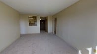 This single-floor residential unit offers a straightforward, functional layout with a clean and neutral aesthetic throughout. The main living area is spacious and open, featuring wall-to-wall carpeting in a soft, light beige tone that adds warmth underfoot. The walls are finished in a consistent neutral hue, contributing to a bright and cohesive atmosphere.

A pass-through window connects the living area to the kitchen, which is visible from the main room. The kitchen is equipped with standard cabinetry finished in a light wood tone, overhead lighting, a refrigerator, and counter space — providing a practical and efficient cooking environment.

From the living area, a hallway leads further into the unit, with multiple doors visible that suggest access to additional rooms such as a bedroom and bathroom. The entry door, finished in a warm wood tone, anchors the end of the hallway and provides a clear sense of depth and layout.

The space maintains a simple, no-frills design with standard ceiling heights and flush-mounted lighting. The overall ambiance is calm and utilitarian, well-suited for comfortable everyday living. The neutral palette and open arrangement of the main living zone make it an easily adaptable space for a variety of furnishing styles and personal tastes.
