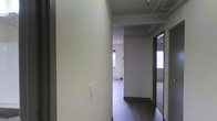 This single-floor space is defined by a central hallway that connects its various rooms, finished with dark hardwood-style flooring that contrasts cleanly against the neutral, light-toned walls throughout. The corridor provides a clear sightline into an adjoining room, where a window allows natural light to filter in, brightening the interior. A mirrored door is visible along the hallway, adding a sense of depth and reflecting light to enhance the overall brightness of the space. The ceiling features a subtle coffered or paneled detail, adding a modest architectural element to an otherwise clean and understated aesthetic. The layout appears straightforward and functional, with doorways leading to separate areas. The overall ambiance is calm and minimalist, characterized by a neutral color palette, simple finishes, and practical design choices. The space presents a blank canvas well-suited for a variety of uses, with its consistent flooring, smooth walls, and measured use of natural light contributing to a cohesive and livable environment throughout.