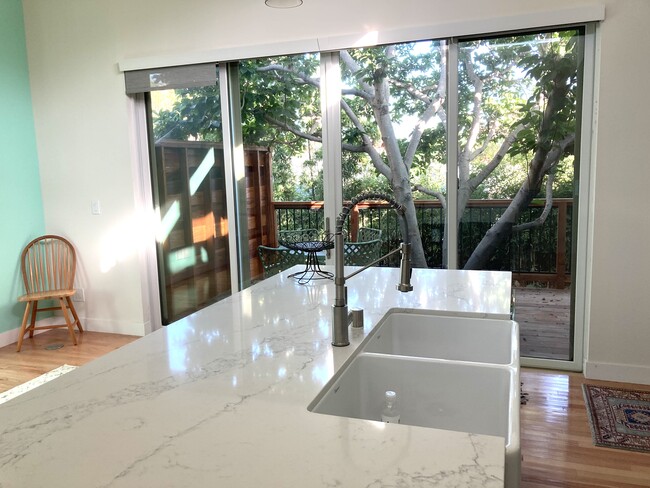 Kitchen view of deck encasing living, blooming tree. - 1735 Midvale Ave