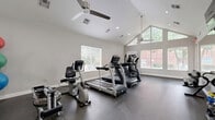 Located at 401 N Old Orchard Lane in Lewisville, Texas, this fitness center offers a dedicated exercise room designed to support a well-rounded workout routine. The space features soaring vaulted ceilings that lend an open, airy feel, enhanced by multiple windows that flood the interior with natural light and provide views of the surrounding greenery. Ceiling fans are positioned throughout to maintain airflow and comfort during workouts.

The exercise room is outfitted with a comprehensive selection of cardio equipment, including treadmills, elliptical trainers, a stationary bike, and a rowing machine. A multi-station strength machine by Inspire provides options for resistance training, while a dumbbell rack stocked with a full range of free weights supports strength and conditioning routines. Medicine balls and exercise balls are also available for functional fitness training.

A large wall-mounted mirror spans one side of the room, visually expanding the space and allowing users to monitor their form. A flat-screen television is mounted on the wall for entertainment during workouts. The flooring consists of durable, dark rubber material well-suited for a high-activity environment. Recessed lighting complements the natural light, ensuring the space remains bright and functional at all times. Overall, the fitness center delivers a clean, modern, and fully equipped environment for residents.