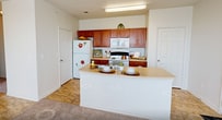 This single-story apartment at 1800 Post Road, Unit 1023 in San Marcos, Texas, offers a practical and comfortable living space with a well-designed open-concept floor plan. The kitchen serves as a central hub of the unit, featuring warm wood cabinetry, light countertops, a central island with additional prep space, a double-basin sink, and white appliances including a refrigerator, electric range, and built-in microwave. The kitchen flows seamlessly into the main living area, which is finished with durable tile-style flooring. The bedrooms are carpeted and include ceiling fans with light fixtures for added comfort. The primary bedroom is notably spacious, featuring a bank of three windows that invite abundant natural light, while additional bedrooms offer individual windows and ample space. A dedicated walk-in closet provides generous storage with built-in wire shelving. The unit includes two full bathrooms, each equipped with a tub-shower combination and white tile surround. One bathroom also features overhead wood cabinetry for additional storage. Throughout the unit, neutral wall tones and clean lines create a bright, move-in-ready atmosphere suited for a variety of lifestyles.