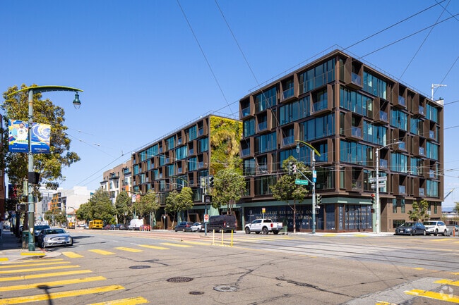 Large, newly built condos line Third Street in Dogpatch.