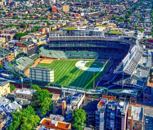 An arial shot of Wrigley Field during the summer