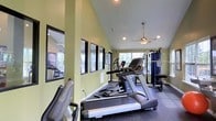 This single-floor fitness space is thoughtfully designed to accommodate a comprehensive workout experience. The room features soaring vaulted ceilings that create an open, airy atmosphere, complemented by a ceiling fan that ensures comfortable airflow during exercise sessions. Recessed lighting is installed throughout, providing consistent illumination across the entire space.

Large windows along the walls allow generous amounts of natural light to fill the room, offering views of the surrounding greenery and creating an inviting environment. The walls are painted in a soft sage green, lending a calm and energizing ambiance to the space.

A full wall of mirrors on one side visually expands the room while allowing users to monitor their form during workouts. The flooring consists of dark, durable exercise matting suited for high-traffic fitness use.

The space is outfitted with multiple cardio machines, including treadmills and an elliptical trainer, arranged along the mirrored wall. A multi-function cable and weight machine is positioned toward the far end of the room, providing options for strength training. Additional smaller equipment, including a stationary bike, rounds out the available fitness offerings, making this a versatile and fully functional workout facility.
