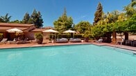 Located at 10270 E Taron Dr in Elk Grove, California, this single-level outdoor recreational space is designed for relaxation and leisure. At its centerpiece is a generously sized swimming pool with clear turquoise water, surrounded by a spacious stamped concrete and tile deck finished in warm terracotta tones that complement the California sun.

The pool deck is thoughtfully appointed with an array of modern chaise lounges and round wicker day beds, all positioned beneath neutral market umbrellas to provide ample shade. Large decorative planters filled with tropical palms and seasonal plants add vibrant greenery throughout the space, enhancing its resort-like atmosphere.

Mature trees — including towering conifers and richly colored deciduous varieties — line the perimeter, creating a natural privacy screen and a lush, secluded feel. Manicured hedgerows and well-maintained lawn areas further contribute to the polished landscaping.

A dedicated support structure on the property houses restroom facilities and storage, finished in stucco with a tiled roof consistent with the surrounding architectural style. A water fountain station and a secure iron entry gate provide practical amenities for guests. The overall ambiance is that of a well-maintained, resort-style outdoor retreat ideal for gatherings and recreation under the Northern California sky.
