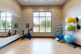 Located at 16200 Croft Drive in Charlotte, NC, this dedicated fitness studio offers a well-appointed, single-room workout space designed for a variety of exercise routines. The room features soaring ceilings that lend an open, airy feel despite its intimate footprint, complemented by warm-toned walls and smooth hardwood-style flooring that creates a clean, energizing atmosphere.

A large picture window with a bold black frame dominates one wall, flooding the space with natural light and offering views of the surrounding greenery — a refreshing backdrop for any workout. A full wall-to-wall mirror on the opposite side visually expands the room and allows users to monitor their form during exercise.

The studio is thoughtfully equipped with stationary cycling bikes, a mounted flat-screen television, and a multi-use equipment rack stocked with medicine balls, resistance bands, TRX suspension trainers, stability balls in various sizes, exercise mats, and a step platform. A dark navy open-shelf storage unit near the entry keeps smaller accessories neatly organized.

Recessed ceiling lighting provides consistent, even illumination throughout. A glass-paned entry door with exterior views adds transparency and connectivity to the broader facility. This fitness studio is a functional, well-lit space suited for both cardio and functional training sessions.