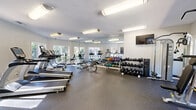 Located at 1507 Pine Dr in Atlanta, Georgia, this fitness center offers a well-equipped, single-floor exercise space designed to support a wide range of workout routines. The room features durable rubber flooring throughout, providing a safe and functional surface for both cardio and strength training activities.

Along one side of the room, a row of TRUE-brand treadmills is complemented by additional cardio equipment including ellipticals and stationary bikes, all positioned to face large windows that allow natural light to fill the space and offer views of the surrounding greenery. A full-length wall mirror runs along the center of the room, visually expanding the space and allowing users to monitor their form during exercise.

The strength training area is well-stocked with a tiered dumbbell rack, a colorful assortment of kettlebells and medicine balls, and at least one cable/multi-use weight machine. Adjustable workout benches are centrally positioned for versatile use. A wall-mounted flat-screen television provides entertainment options for users.

Overhead, the space is illuminated by recessed and flush-mounted fluorescent lighting against a textured ceiling. A posted Fitness Center Rules board, a wall-mounted yoga mat, and a fire extinguisher reflect attention to safety and usability. The overall ambiance is clean, bright, and purpose-built for effective fitness training.