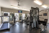 Located in Newnan, Georgia, this single-floor fitness center offers a comprehensive workout facility designed to support a wide range of exercise routines. The space is outfitted with a strong selection of cardio equipment, including treadmills, elliptical trainers, and upright stationary bikes, providing ample options for aerobic training. A dedicated strength training area features a multi-station cable machine along with weight benches, accommodating both resistance and functional fitness workouts. Exercise instruction charts are posted on the walls for easy reference during training sessions.

The interior is finished with neutral-toned walls accented by crown molding, and the dark rubber flooring provides a durable, slip-resistant surface throughout. Large floor-to-ceiling mirrors along one wall enhance the sense of space and allow users to monitor their form during exercise. Ceiling fans provide air circulation, complementing the overhead fluorescent lighting to maintain a comfortable environment. Natural light filters in through multiple windows fitted with blinds, adding brightness to the space.

Motivational wall lettering reading "Walk In Strong, Walk Out Stronger" adds an energizing touch to the atmosphere. Decorative framed artwork on the walls and a wall-mounted television further enhance the facility's welcoming character. Fitness policies are posted near the entrance, ensuring a well-organized and clearly communicated workout environment.