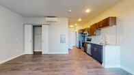 Located at 5909 Sharpsburg Dr in Madison, Wisconsin, this single-floor unit offers a thoughtfully designed living space with modern finishes and a cohesive aesthetic throughout. The open-concept living area is anchored by warm, wood-look luxury vinyl plank flooring that extends seamlessly across the entire unit. A ceiling fan with integrated lighting provides both comfort and illumination, while a large window allows natural light to fill the space and provides views of the surrounding neighborhood.

The kitchen is well-appointed with dark espresso cabinetry, granite-style countertops, a classic white subway tile backsplash, and a full suite of stainless steel appliances including a refrigerator, electric range, microwave, and dishwasher. Recessed lighting overhead enhances functionality in this galley-style layout.

The main living area also features a wall-mounted mini-split HVAC unit for efficient climate control, a built-in closet with sliding doors for ample storage, and an electrical panel conveniently integrated into the wall.

The bathroom is finished with a dark wood vanity, granite-topped single sink, large wall mirror, and wood-look flooring consistent with the rest of the unit. The space combines practicality with a clean, contemporary design sensibility throughout.