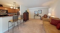 This single-floor residence at 3009 Crossfork Dr in Wilmington, Delaware offers a thoughtfully laid-out living space with a warm, neutral palette throughout. The open-concept living area is carpeted and generously proportioned, flowing seamlessly from the kitchen via a breakfast bar with bar seating illuminated by pendant lighting overhead — an ideal setup for casual dining and entertaining. The kitchen is well-appointed with warm honey-toned cabinetry, granite-style countertops, stainless steel appliances including a refrigerator, range, and built-in microwave, complemented by tile flooring. A dedicated dining area provides a cozy spot for seated meals, featuring a window that allows natural light and outdoor views. The bedrooms are carpeted and bright, each benefiting from multiple windows dressed with blinds and drapes that allow ample natural light. The primary bedroom is notably spacious and includes generous closet storage with double closet doors. The bathroom is finished with tile flooring, a vanity with granite-style countertops, and a tub-shower combination. Throughout the residence, the consistent use of warm tones, natural light, and practical finishes creates a comfortable and inviting atmosphere.