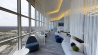 This sophisticated single-floor lounge showcases a sleek, contemporary design defined by sweeping curved walls and an expansive floor-to-ceiling glass facade that floods the interior with natural light while offering sweeping panoramic views of the surrounding cityscape. The architectural ceiling features gently curved tiers accented by warm amber indirect lighting, creating a dynamic contrast against the predominantly white interior palette.

The space is elegantly furnished with a continuous curved white sectional sofa adorned with navy, green, and neutral accent pillows, complemented by rounded accent chairs in deep blue upholstery. Organic-shaped occasional tables in white punctuate the seating arrangements, reinforcing the space's fluid, modern aesthetic.

Sheer white curtain panels hang from ceiling to floor, serving as soft, translucent dividers that maintain an open feel while subtly defining zones within the lounge. The flooring features wide-plank gray wood-look material that adds texture and warmth. Toward the far end of the space, a wall-mounted flat-screen display anchors a secondary seating area, making this lounge as functional as it is visually striking.