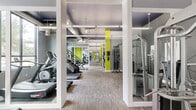 Located at 3109 Douglas Ave in Dallas, TX, this expansive fitness center spans a single floor and offers a comprehensive, well-appointed workout facility. The entry hallway greets visitors with polished concrete floors featuring inlaid accent strips, deep navy ceilings, and soft gray walls, setting a modern and polished tone throughout.

The facility is divided into three distinct exercise rooms, each thoughtfully designed for different fitness disciplines. The primary strength training room showcases high ceilings with exposed ductwork, bold chartreuse accent columns, and wall-to-wall mirrors that amplify the sense of space. It is fully equipped with free weights, barbells, weight racks, cable machines, and a variety of resistance machines, all illuminated by large windows overlooking lush greenery.

A dedicated cardio room houses treadmills, ellipticals, stair climbers, and stationary bikes, also benefiting from natural light and outdoor views. A separate group fitness studio features rich hardwood flooring, textured gray patterned walls, ceiling fans, and mirrored walls, with stability balls and accessories neatly organized for classes.

Additional amenities include a standing tanning booth, a bathroom, and ceiling fans throughout for enhanced comfort. The cohesive color palette of gray, navy, and green energizes the entire space.