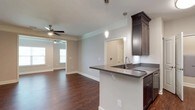 This single-floor residence at Greystone At Oakland offers a thoughtfully designed open-concept layout finished with warm, neutral tones throughout. Rich dark hardwood-style flooring anchors the main living areas, complemented by crown molding and ceiling fans that add a polished, classic touch.

The kitchen is equipped with dark espresso cabinetry, quartz-style countertops, stainless steel appliances including a refrigerator and dishwasher, and a peninsula with a built-in sink and pendant lighting. The peninsula opens directly to the living area, promoting a seamless flow ideal for everyday living and entertaining.

The living room is generously sized, featuring natural light from large windows with blinds and a ceiling fan overhead. Bedrooms are carpeted for comfort, each with crown molding and ceiling fans. One bedroom features direct access to a hallway, providing added convenience.

The primary bathroom is well-appointed with a dual-sink vanity, framed mirrors, dark cabinetry, hardwood-style flooring, a soaking tub, and a separate glass-enclosed shower. A spacious walk-in closet with wire shelving provides ample storage. A dedicated laundry area with washer/dryer hookups and additional wire shelving completes this functional and comfortable home.