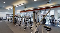 This fitness center is designed to support a full range of workout routines in a bright, welcoming environment. The space is outfitted with an extensive selection of strength training equipment, including multi-station cable machines, dumbbell racks stocked with a variety of weights, and adjustable benches suited for numerous exercises. Alongside the free weights, a dedicated row of cardio machines — including ellipticals and upright bikes — lines the perimeter, positioned to take full advantage of the large floor-to-ceiling windows that flood the room with natural light and offer open views of the surrounding exterior. Overhead, distinctive red-painted pipes run along the ceiling, adding an industrial character to the space, while ceiling fans ensure consistent air circulation throughout workouts. The flooring transitions between rubberized matting in the weight areas and a darker surface beneath the cardio equipment, providing both safety and functionality. Bright overhead fluorescent lighting supplements the natural light, ensuring excellent visibility at any time of day. The overall atmosphere is clean, modern, and purposefully arranged to maximize usability and comfort for all fitness levels.