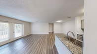 This well-appointed one-bedroom, one-bathroom unit in Birmingham, Alabama offers a thoughtfully designed open-concept layout that maximizes its comfortable footprint. The living room and kitchen flow seamlessly together, anchored by durable hardwood-style flooring throughout the main areas. A textured ceiling adds dimension overhead, while neutral wall tones create a clean, versatile backdrop.

The kitchen is a standout feature, outfitted with stainless steel appliances including a range, microwave, and refrigerator. Gray cabinetry pairs with granite countertops and a stainless steel sink, while a subway tile backsplash adds a contemporary touch. A peninsula counter extends into the living area, providing additional prep and dining space. The living room benefits from natural light and French doors that open to an outdoor area.

The bedroom is a comfortable retreat, finished with plush carpeting, a ceiling fan with light fixture, and a window that brings in natural light and outdoor views. A dedicated closet provides convenient storage. The bathroom continues the granite countertop theme at the vanity, complemented by white cabinetry and a full tub/shower combo with clean, bright surrounds and hardwood-style flooring.