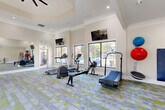 Located at 950 Lake Ridge Pkwy in Riverdale, GA, this fitness center offers a thoughtfully designed exercise space that combines functionality with an inviting atmosphere. The room features impressively high ceilings accented by a recessed tray ceiling detail and a large ceiling fan, creating a sense of openness and airflow throughout the space. Crown molding adds a refined architectural touch to the otherwise clean, neutral walls.

Natural light pours in through multiple large windows along the perimeter, offering pleasant views of the surrounding outdoor area, including a glimpse of a pool. The vibrant, multi-toned carpet tiles in shades of blue, gray, and yellow-green add a lively, energetic feel underfoot while providing comfort during workouts.

The fitness center is well-stocked with a comprehensive range of equipment, including treadmills, an elliptical trainer, a rowing machine, a stair climber, and a Life Fitness functional trainer in a bold yellow finish. A dumbbell rack, medicine balls, and a wall-mounted exercise mat round out the free weights and accessories area. Multiple wall-mounted flat-screen televisions are positioned throughout for entertainment during workouts. Full-length mirrors along one wall enhance the sense of space and support proper form during exercise, making this a complete and practical fitness facility.