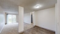 This two-bedroom, one-bathroom residence in Portland, Oregon offers a practical and well-organized single-level layout. The combined living and dining area is a welcoming, open space finished with plush carpeting and a textured ceiling, with a sliding glass door that leads to a private balcony overlooking a green outdoor area, filling the room with natural light. Structural columns define the transition between the living space and the kitchen, which features wood-look hardwood-style flooring, gray shaker-style cabinetry, light quartz countertops, a stainless steel sink, and a window that brightens the workspace. A hallway connects the living areas to the two carpeted bedrooms, each offering a quiet retreat with windows providing natural light and baseboard heating. Both bedrooms include closets with shelving, and the primary bedroom features a spacious walk-in style closet. The full bathroom is finished with wood-look tile flooring, a gray vanity, and a tub-shower combination. Three closets throughout the unit provide ample storage. The neutral color palette and clean finishes throughout create a move-in ready environment well-suited for comfortable everyday living in North Portland.