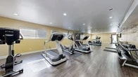 Located at 146 W Hill Ave in Fullerton, California, this fitness center offers a well-organized workout space designed to accommodate a range of exercise needs. The room features warm yellow walls and durable wood-look vinyl flooring throughout, creating a clean and functional atmosphere. Recessed lighting illuminates the space evenly, complementing the natural light that enters through several windows fitted with blinds.

The cardio section is equipped with multiple treadmills and elliptical trainers, each placed on protective floor mats. A multi-station cable machine anchors the strength training area, while a dedicated free weight section includes a dumbbell rack with an assortment of weights and an adjustable bench. A wall-mounted television and a sanitizing station near the entrance add practical conveniences for users.

Full-length mirrors line one wall, visually expanding the space and allowing users to monitor their form during workouts. A wall-mounted air conditioning unit ensures climate control year-round. A glass door with keypad access provides a secure, direct entry point. Overall, the fitness center is efficiently laid out to maximize usability within its compact footprint, offering a comprehensive set of equipment suited for both cardiovascular and strength training routines.
