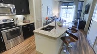 This well-appointed single-floor residence showcases a thoughtfully designed open-concept layout that seamlessly connects the kitchen and living areas. The kitchen is a standout feature, boasting rich dark cabinetry with sleek hardware, a striking light-toned granite countertop island with a double undermount sink, and a classic tile backsplash that adds texture and depth. The island doubles as a breakfast bar, accommodating stylish bar stools that invite casual dining and conversation. Warm hardwood-style flooring flows throughout, tying the spaces together with a cohesive and inviting aesthetic. The adjacent living area is bright and welcoming, bathed in natural light that streams through large windows dressed with sheer curtains, offering views of lush greenery beyond. The open sightlines between the kitchen and living space create a sense of airiness and ease of movement throughout the home. The overall ambiance strikes a balance between contemporary style and everyday comfort, with a neutral color palette punctuated by bold cabinetry and warm wood tones — making this a versatile and attractive space suited for both relaxed living and entertaining.