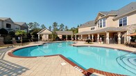 Located at 325 Spears Creek Church Rd in Columbia, SC, this outdoor amenity space is designed to provide a resort-style experience for its residents. At the heart of the space is a generously sized, freeform swimming pool with a classic brick coping border and stamped concrete surround, offering gradual entry steps and a shallow wading area alongside deeper sections. The expansive pool deck is finished in textured, paver-style stonework and is lined with lounge chairs, providing ample space for sunbathing and relaxation under the South Carolina sun. A covered pergola with a warm wood finish anchors one end of the patio, creating a shaded retreat with additional seating. Nearby, a dedicated outdoor dining area features round tables with large umbrellas and comfortable seating, ideal for social gatherings. Ornamental black iron fencing with stacked-stone pillar accents defines the perimeter of the space, complemented by well-maintained landscaping including tropical palms, flowering plants, and manicured shrubs. A covered cabana structure adjacent to the main building provides additional shaded lounge seating. The surrounding backdrop of tall pine trees and multi-story residential buildings frames the space, reinforcing its community-focused character and serene outdoor ambiance.