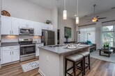 Located on Zebulon Road in Macon, Georgia, this single-floor residence offers a thoughtfully designed open-concept layout that seamlessly connects the kitchen, dining, and living areas. The kitchen is a standout feature, equipped with stainless steel appliances—including a refrigerator, range, and microwave—complemented by granite countertops, white shaker cabinetry, a subway tile backsplash, and a large center island with seating. A dedicated pantry provides generous storage. Soaring ceilings with pendant lighting enhance the sense of openness throughout the main living area, while wide-plank hardwood-style flooring extends across the common spaces. The living room is bright and airy, benefiting from oversized windows and sliding glass door access that invite abundant natural light and outdoor views. The bedrooms are comfortably proportioned, each featuring plush carpeting, ceiling fans, and large windows with natural light. Each bathroom is finished with granite vanity countertops, white cabinetry, wood-style flooring, and a shower/tub combination. The overall ambiance is clean, contemporary, and well-appointed, reflecting a cohesive modern aesthetic with neutral tones and quality finishes throughout.