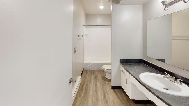 Modern and inviting bathroom featuring a sleek vanity, large mirror, and wood-style flooring. - Oak Park