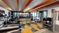 The fitness center is a single-level space designed to support a comprehensive workout experience. The interior is immediately distinguished by its eye-catching geometric carpet, featuring a bold pattern of yellow, gray, and white shapes that adds a dynamic visual energy to the floor. Exposed beams painted in vivid orange contrast sharply against the dark navy accent walls and white textured ceiling, creating a striking, modern aesthetic throughout the space.

Large windows along one side of the room flood the interior with natural light, offering open views to the exterior and contributing to an airy, motivating atmosphere. The layout is thoughtfully arranged to accommodate a wide range of fitness activities. Cardio machines, including rowing machines, are positioned toward the front of the space, while cable and resistance machines are organized along the perimeter. A dedicated free weights area with a full-length mirror and dumbbell rack is visible toward the rear, allowing for strength training and form monitoring. The combination of varied equipment, vibrant design elements, and abundant natural light makes this fitness center an energizing and functional environment for users of all fitness levels.