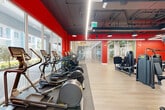 Located in Doral, Florida, this expansive fitness facility delivers a comprehensive exercise environment designed to accommodate a wide range of workout needs. The space is defined by a striking industrial-modern aesthetic, featuring bold red accent walls and structural columns that contrast sharply against a dark exposed ceiling with visible ductwork and linear LED lighting. Light wood-tone flooring throughout the main exercise areas adds warmth and complements the energetic color scheme.

The cardio zone, positioned along a wall of floor-to-ceiling windows, houses a full lineup of treadmills, ellipticals, stair climbers, and stationary bikes, all benefiting from abundant natural light and views of the surrounding outdoor greenery. The strength training area occupies the generous central floor space and is densely equipped with a wide array of selectorized machines, cable systems, and benches, offering targeted training options for all major muscle groups.

A dedicated functional training zone features a rubberized mat area, built-in shelving stocked with medicine balls and stability equipment, and open floor space ideal for stretching and bodyweight exercises. Glass-panel partitions define zones while maintaining visual openness across the entire facility. The high ceilings and spacious layout create an airy, motivating atmosphere well-suited for both individual training and high-traffic use.