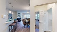 Located at 99 Attenborough Dr in Rosedale, Maryland, this well-appointed single-floor residence offers a thoughtfully designed open-concept layout filled with natural light. The living room is a welcoming centerpiece, featuring wood-style flooring, a cozy fireplace, large windows with white blinds, and pendant lighting that enhances the airy atmosphere. A dedicated dining area with a teal accent wall and elegant pendant fixture adds a pop of color and character to the space.

The kitchen is outfitted with gray shaker-style cabinetry, quartz countertops, stainless steel appliances including a gas range, microwave, refrigerator, and dishwasher, and a generous breakfast bar with seating — ideal for casual dining or entertaining.

The bedrooms offer plush carpeting and ample closet space, creating comfortable and quiet retreats. The primary bedroom connects seamlessly to a well-designed en-suite bathroom featuring gray cabinetry, quartz countertops, and dual mirrors. A second full bathroom serves additional bedrooms and guests, complete with a tub-shower combination and coordinating finishes.

Throughout the residence, a neutral color palette with teal accents, modern light fixtures, and consistent material choices contribute to a cohesive and contemporary aesthetic that is both functional and visually appealing.
