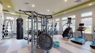 Located at 1730 Northpointe Pkwy in Lutz, Florida, this fitness center is a well-appointed, single-floor facility designed to support a comprehensive range of workout routines. The space is defined by its bright, airy atmosphere, with large multi-pane windows lining the walls and allowing abundant natural light to fill the room. A distinctive color scheme features green accent beams along the ceiling and a geometric, multi-toned vinyl floor with grey, green, and white patterned tiles that add visual energy to the space.

The fitness center is equipped with a robust selection of TKO-branded strength training equipment, including a multi-functional cable machine, a squat rack with an adjustable bench, and a full set of plate weights. Free weights are neatly organized on tiered dumbbell racks alongside flat and adjustable benches. A punching bag and mini trampoline with battle ropes provide options for functional and cross-training workouts.

The cardio section features a row of treadmills, each equipped with individual screens, positioned in front of wall-mounted flat-screen televisions. Additional cardio machines include an elliptical, a stair climber, and a recumbent bike. Recessed lighting complements the natural light, ensuring the space remains well-lit throughout. A louvered storage door and open shelving provide organizational support, completing this thoroughly outfitted community fitness facility.