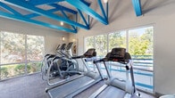 This well-equipped fitness center in Nashville, Tennessee offers a comprehensive workout environment within a compact, efficiently organized space. The room's most distinctive architectural feature is its vaulted ceiling adorned with bold blue exposed structural beams and trusses, lending the space a modern, energetic character that complements its purpose.

Large floor-to-ceiling windows and sliding glass doors line the walls, flooding the interior with abundant natural light and providing open views of the surrounding greenery and outdoor areas. The bright, airy atmosphere is further enhanced by the light-colored walls and durable carpet tile flooring throughout.

The exercise room is thoughtfully equipped with a full range of fitness amenities. Cardio equipment includes multiple treadmills, elliptical machines, and a recumbent stationary bike, all from the Matrix brand. A dedicated free weights area features a tiered dumbbell rack with a broad selection of weights, accompanied by wall-mounted mirrors that expand the sense of space. Strength and flexibility training is supported by a cable/weight machine, a stability ball rack stocked with various exercise balls, and additional benches and accessories. Pendant lighting supplements natural light, ensuring the space remains well-lit at all times. The fitness center presents a welcoming, functional environment ideal for a complete daily workout routine.