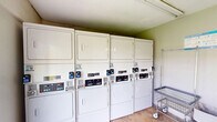 Located at 4236 Armeda Avenue in Fort Myers, Florida, this shared laundry facility offers a practical and functional space for residents. The single-room layout is efficiently organized to accommodate multiple coin-operated, top-loading washing machines lined along one wall, with a bank of stacked commercial dryers positioned along the opposite wall — providing ample laundry capacity for a multi-unit community. The concrete floor and light-painted walls give the room a utilitarian character, while a ceiling fan with a light fixture helps maintain airflow and comfort during use. Two entry points serve the space: a glass-paneled door and a sliding glass door, both of which allow natural light to filter in and offer views of the green, open grounds of the surrounding property. Signage posted on the walls provides usage guidelines and community reminders, contributing to an organized shared-use environment. A waste receptacle is conveniently positioned near the entrance. The space is straightforward in its design, prioritizing accessibility and efficiency for communal laundry needs in this Fort Myers residential community.