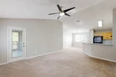 Located at 6710 Collins Road in Jacksonville, FL, this well-appointed 2-bedroom, 2-bathroom home offers a thoughtfully designed single-level layout. The open-concept living, dining, and kitchen area forms the heart of the home, featuring vaulted ceilings, a ceiling fan, and plush carpeting that creates a warm and inviting atmosphere. A door leads directly to a private balcony, extending the living space outdoors. The kitchen is equipped with light wood cabinetry, a white subway tile backsplash, light stone countertops, black appliances including an electric range and refrigerator, and a double-basin sink — all set on wood-look flooring. A dedicated pantry provides additional storage. The primary bedroom is generously sized with a ceiling fan, carpet, a walk-in closet, and an en-suite bathroom. The second bedroom also features carpet, a ceiling fan, and a window with natural light. Both bathrooms include wood-look tile flooring, warm wood vanities, and a tub-shower combo with white tile surround. A dedicated laundry room with a full-size washer and dryer, built-in shelving, and wood-look flooring adds everyday convenience. Three closets throughout the home ensure ample storage.