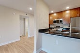 Located at 524 Dartmoor Dr in Newport News, VA, this one-bedroom, one-bathroom unit is thoughtfully designed to maximize its compact footprint. The layout flows from an entry area into a combined kitchen and living room, connected by a hallway that leads to the bedroom and bathroom.

The kitchen is a standout feature, equipped with stainless steel appliances including a range, over-the-range microwave, and refrigerator. Warm medium-toned wood cabinetry extends to the ceiling, providing ample storage, while dark granite countertops add a polished contrast. A peninsula-style counter with matching granite separates the kitchen from the living area, creating a natural open-concept division.

Light hardwood flooring runs consistently throughout the unit, lending a cohesive and clean aesthetic. The living area is bright and open, benefiting from recessed lighting and a straightforward layout.

The bedroom comfortably accommodates essential furnishings and features a window with exterior views, a ceiling fan with light fixture, and access to a dedicated closet. Natural light filters in through blinds, creating a pleasant atmosphere.

The bathroom mirrors the kitchen's design language, featuring a wood vanity with dark granite countertop, an undermount sink, chrome hardware, and a mirror-front medicine cabinet.