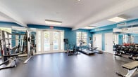 Located in Stuart, Florida, this fitness center offers a comprehensive exercise facility designed to support a wide range of workout routines. The space is finished with bold teal accent walls and durable rubber flooring, creating an energetic and functional environment. Skylights and flush-mounted ceiling fixtures provide ample illumination throughout the open floor plan.

The strength training area is well-appointed, featuring a multi-station cable machine, a Smith machine with an adjustable bench, and a full dumbbell rack organized along a floor-to-ceiling mirrored wall, allowing users to monitor their form with ease. A dedicated TRX Training Zone lines one wall, complete with suspension trainers, kettlebells, medicine balls, and a plyometric box, catering to functional and high-intensity training.

The cardio section includes a treadmill, elliptical, stationary bike, and air bike, all positioned near windows that offer direct views of the outdoor pool and surrounding palm trees — bringing a refreshing Florida ambiance to every workout. A stability ball and additional free-weight accessories round out the available equipment.

The facility also connects to an adjacent tiled entryway with a staircase, suggesting shared amenity access. Ventilation is provided through ceiling-mounted HVAC vents, ensuring comfort throughout the year in the warm South Florida climate.
