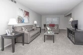 This well-appointed single-floor residence at 16176 Cumberland Dr in Southfield, Michigan offers a thoughtfully designed layout with a seamless flow between living, dining, and private spaces. The generously sized living room features plush carpeting, neutral-toned walls, and large windows with vertical blinds that allow abundant natural light to fill the space. The open connection to the dining area, which features light wood-look flooring, creates an inviting and functional layout ideal for both everyday living and entertaining. The kitchen is equipped with rich dark cabinetry, granite-style countertops, stainless steel appliances including a range, microwave, and dishwasher, and durable light-toned flooring. The bedrooms are carpeted and offer a calm, restful atmosphere, with windows providing natural light and ample room for furnishings. The primary bedroom is notably spacious, with a connecting hallway leading to a private bathroom. The bathrooms feature light vinyl flooring, dark vanity cabinetry, clean white fixtures, and well-lit mirrors. Throughout the residence, a consistent neutral color palette and cohesive design choices contribute to a clean, modern aesthetic that is both practical and comfortable.