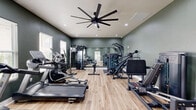 Located at 7901 Heatherbrook Trail in Port Arthur, Texas, this fitness center offers a thoughtfully designed exercise space that accommodates a comprehensive range of workout options. The room features light hardwood-style flooring that contrasts attractively with the deep sage green walls, creating a modern and energizing atmosphere. Recessed lighting throughout the ceiling, complemented by a large statement ceiling fan, ensures the space is well-lit and comfortable during workouts. Natural light streams in through multiple windows along one wall, further brightening the interior. The exercise room is outfitted with Spirit-brand cardio equipment, including treadmills and an elliptical trainer, alongside a multi-station cable machine, a leg press, and various strength training machines. A full-length mirror along one wall enhances the sense of openness and allows users to monitor their form. Free weights and a dumbbell rack round out the strength training offerings, while a medicine ball rack adds additional versatility. The space is accessed through a glass-paneled door and is clearly marked with safety signage, reflecting a well-maintained and safety-conscious facility overall.