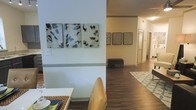 This single-floor residence offers a thoughtfully arranged layout that connects the living, dining, and hallway areas in a seamless, open flow. The interior is defined by rich, dark hardwood-style flooring that runs consistently throughout, anchoring the space with warmth and cohesion.

The dining area features a light-toned table set with a woven placemat and seating, situated adjacent to crisp white walls adorned with a striking triptych art display — a set of three abstract panels that serve as a focal point in the room. A subtle chair rail detail adds architectural character to the wall.

Leading from the dining and living areas, a wide hallway extends deeper into the residence, lined with additional framed artwork that lends a curated, gallery-like quality to the transition spaces. A dark upholstered bench sits neatly along the hallway wall, offering both a functional accent and a design detail. Doors along the corridor provide access to the remaining rooms of the home.

The living area incorporates a patterned area rug in soft teal and white tones, adding a layer of texture and color contrast against the dark flooring. Recessed ceiling vents and standard ceiling heights contribute to the clean, understated aesthetic. Overall, the space presents a comfortable, well-appointed interior with consistent design choices throughout.