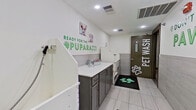 This single-level pet wash facility is thoughtfully designed to provide a functional and welcoming space for pet grooming. The room features large-format light grey tile flooring throughout, paired with grey tile wainscoting along the lower walls, creating a clean and easy-to-maintain environment. Recessed lighting illuminates the space evenly from above.

The centerpiece of the room is a raised, enclosed pet bathing tub with built-in ramps for easy pet access, equipped with a handheld sprayer and side panels for containment. Adjacent to the tub is a grey cabinetry unit topped with a white quartz-style countertop, providing ample workspace and storage for grooming supplies. Metal galvanized buckets on the counter add a practical, decorative touch.

The walls are enlivened with bold green lettering featuring pet-themed phrases such as "Ready for the #Puparazzi" and "Don't Forget to Be Pawsome," alongside framed dog portrait artwork. One accent wall features a vibrant green patterned tile, adding a lively pop of color. A black anti-fatigue mat with a green paw print graphic marks the entryway. The dedicated entry door is labeled "Pet Wash," clearly identifying the space's purpose.