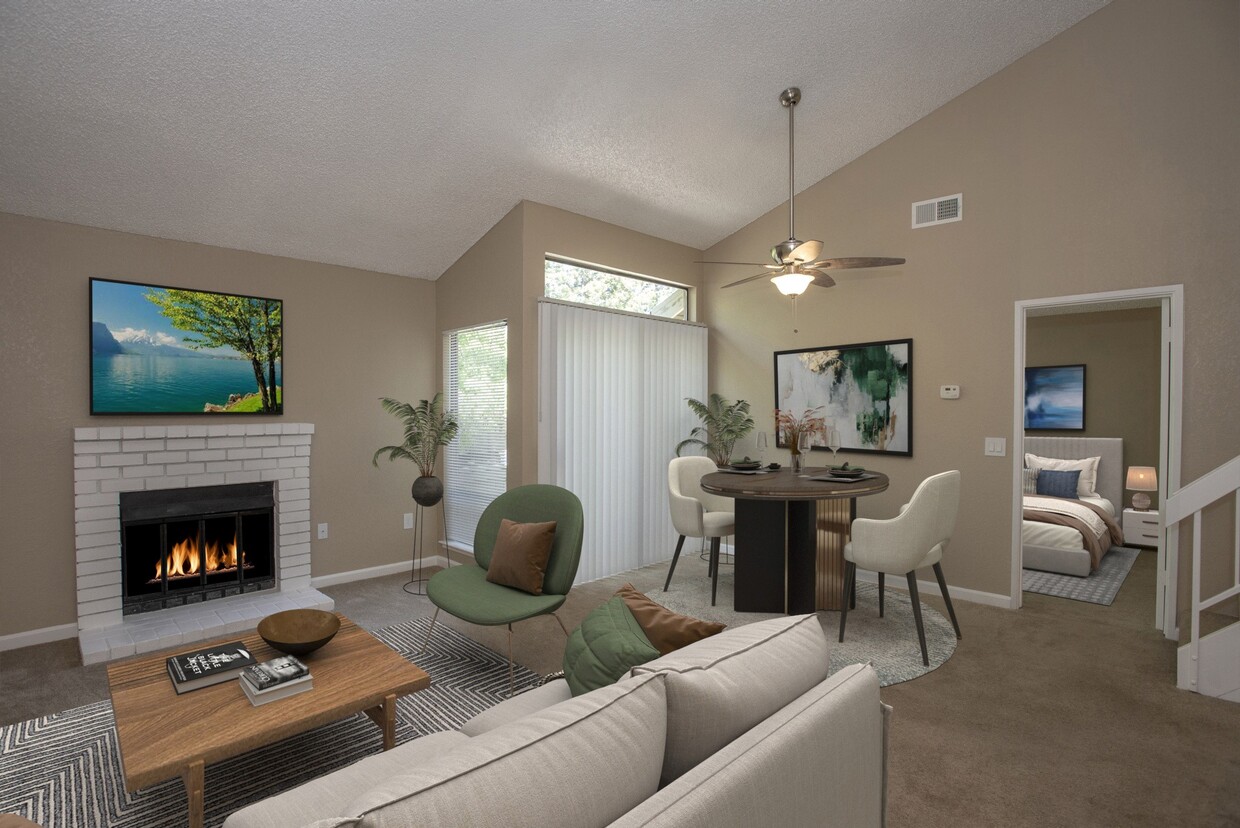 Living Room Area with Fireplace - Huntcliffe Apartments