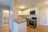 Located at 565 Talbot St in London, Ontario, this one-bedroom, one-bathroom unit offers a well-designed layout across a single floor. Light wood laminate flooring flows consistently throughout the space, creating a clean and cohesive look.

The open-concept living and kitchen area forms the heart of the unit. The kitchen is thoughtfully appointed with sleek white cabinetry, stainless steel countertops, a stainless steel sink, a built-in dishwasher, a glass-top range, and a stainless steel refrigerator. A central island provides additional prep space and casual seating options. The living area is bright and airy, benefiting from a large sliding glass door and window that frame lush green tree views, filling the room with natural light.

The bedroom offers a comfortable, private retreat with a closet, additional storage space, and a window overlooking the surrounding greenery, complemented by a baseboard heating unit. Neutral wall tones throughout the unit contribute to a calm and versatile ambiance.

The bathroom is finished with tile flooring and includes a full tub-shower combination with clean white surround, a toilet, and vanity — all presented in a simple, functional layout. Overall, the unit provides an efficient and modern living environment with a strong connection to natural surroundings.