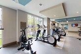 Located at 2550 Blackmon Dr in Decatur, GA, this expansive fitness center spans a single floor and offers a comprehensive, multi-zone workout environment designed to accommodate a wide range of exercise disciplines. The space is thoughtfully organized into distinct areas, each tailored for specific training activities.

The main gym floor features an extensive array of cardio equipment, including treadmills, elliptical machines, stair climbers, stationary bikes, and Concept2 rowing machines, arranged along large floor-to-ceiling windows that flood the space with natural light and offer views of the surrounding greenery. Strength training is well represented through cable machines, selectorized equipment, a Rogue power rack with TRX suspension trainers, battle ropes, a heavy bag, and a full dumbbell rack.

A standout architectural feature is the dramatic rock climbing wall set beneath soaring double-height ceilings, accompanied by oversized windows that enhance the open, airy feel of this zone. An adjacent functional training studio offers a dedicated space with rubber and patterned flooring, mirrored walls, plyo boxes, medicine balls, and wall-mounted televisions. Throughout the facility, teal accent ceilings, linear LED lighting, ceiling fans, and a neutral color palette create a modern, energizing ambiance.
