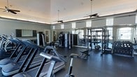 This fitness center offers a comprehensive workout environment designed to accommodate a wide range of exercise needs. The space features an impressive ceiling height with elegant crown molding and a cove lighting detail that adds a warm, ambient glow throughout the room. Two ceiling fans ensure comfortable air circulation during workouts.

The facility is outfitted with a solid selection of cardio equipment, including treadmills and a stationary bike, positioned toward the front of the space for easy access. Toward the rear, a dedicated strength training zone includes a power rack, cable machines, and additional resistance training apparatus, providing everything needed for a full-body workout routine.

Large windows along the upper walls allow generous natural light to fill the room, creating an open and energizing atmosphere. Full-length mirrors line the walls, visually expanding the space while allowing members to monitor their form during exercise. The dark rubberized flooring offers durability and safety underfoot.

The overall design balances functionality with refined aesthetics, combining practical fitness amenities with architectural details that elevate the space beyond a typical gym setting. The single-floor layout ensures straightforward navigation throughout the facility.