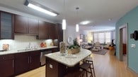 This single-floor residence is thoughtfully designed with an open-concept layout that seamlessly connects the kitchen and living area. The kitchen is a standout feature, showcasing rich dark-wood cabinetry, subway tile backsplash, and a generously sized curved granite island with bar seating. Pendant lighting hangs above the island, complementing the stainless steel appliances, including a French door refrigerator, dishwasher, and range with microwave. Light hardwood flooring runs throughout, contributing to a warm, cohesive aesthetic.

Adjacent to the kitchen, a dedicated laundry closet houses a full-size washer and dryer, adding practical convenience. The entryway includes a closet for additional storage. The living room is bright and welcoming, benefiting from multiple large windows dressed with blinds and drape panels that allow natural light to fill the space. Hardwood-style flooring transitions to a defined seating area anchored by a neutral area rug.

The bathroom is well-appointed with dark wood cabinetry, a granite vanity top, a large wall mirror, tile flooring, and a walk-in closet with dual hanging rods. Overall, the space presents a contemporary and functional design with consistent finishes throughout.