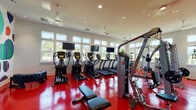 This fitness center is a comprehensively outfitted single-floor space designed to support a full range of exercise modalities. The room is immediately distinguished by its bold, glossy red flooring, which adds striking visual energy and contrasts sharply with the clean white walls and ceiling. A row of large windows along the perimeter floods the interior with natural light and offers views of the surrounding outdoor landscape, enhancing the overall atmosphere.

Cardio equipment is prominently featured, with multiple treadmills and elliptical trainers, each equipped with individual flat-screen monitors. A dedicated strength training area includes a cable machine, a multi-function weight station, and a dumbbell rack organized along a mirrored wall section, which visually expands the space and aids in form correction during workouts.

A functional training zone houses stability balls, medicine balls, resistance bands, foam rollers, and a standing trainer, providing versatile options for balance and mobility work. A large, colorful abstract mural adorns one wall, serving as an artistic focal point that adds personality to the space.

Ceiling fans and recessed lighting ensure the room remains comfortable and well-illuminated throughout. The layout is organized and spacious, allowing for easy movement between equipment zones.